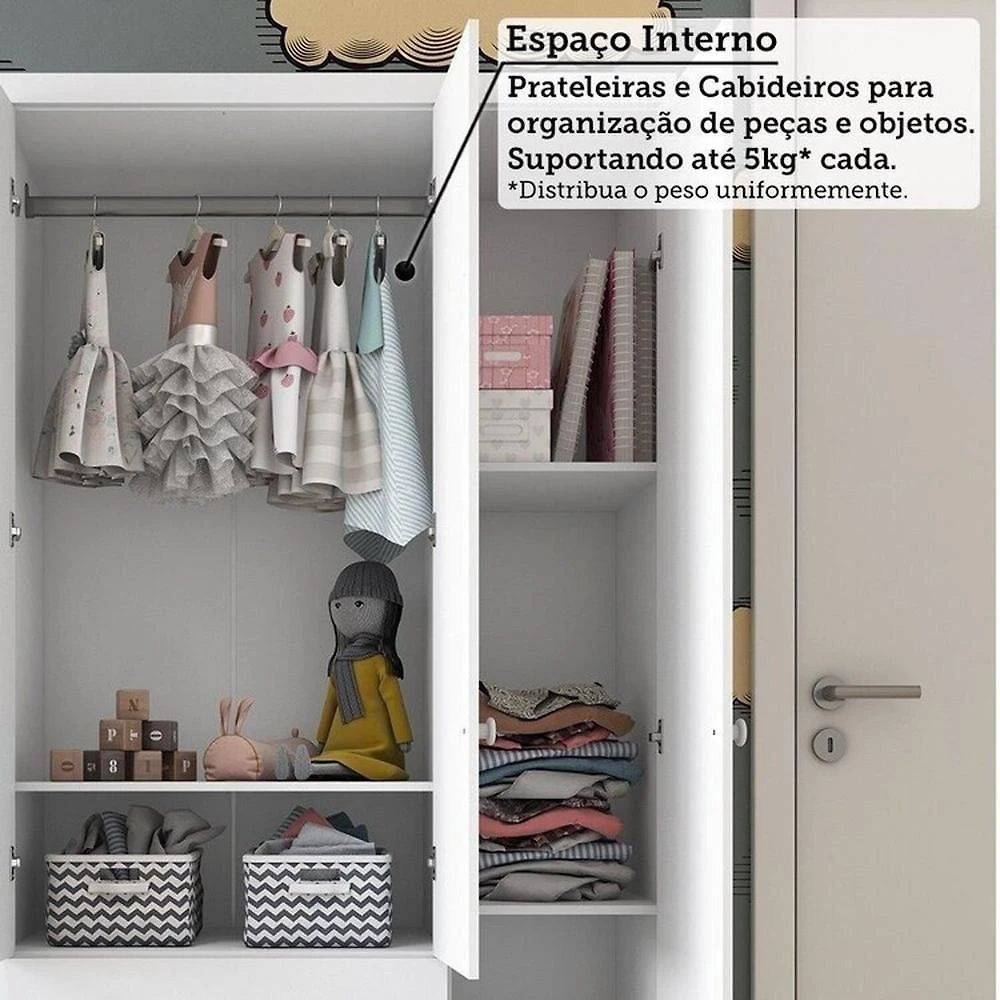 Quarto de Bebê Completo Berço Minicama Guarda-roupa 4 Portas e Cômoda 100% Mdf Nina Espresso Móveis Branco Brilho