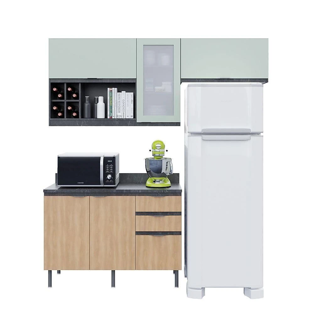 Cozinha Modulada Esmeralda 4 Portas 1 Gaveta MDP 200CM Lunar com Verde Mar e Freijó Tecno Mobili webcontinental-7908212533367