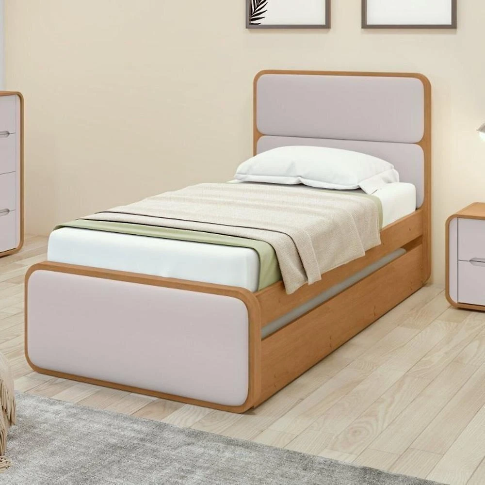 Quarto Completo Cama Solteiro com Cômoda 8 Gavetas e Mesa de Cabeceira Amêndoa Clean/Off White