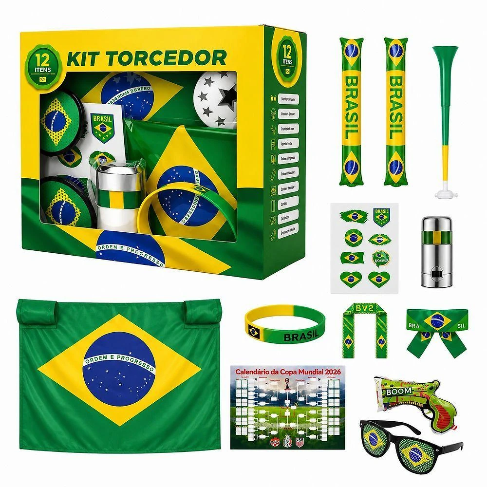 Kit Torcedor Brasil 12 Itens para Torcida Animada Verde Cheguei BR