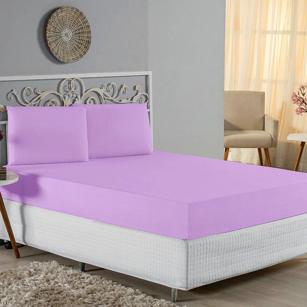 Jogo De Cama Casal Nobre 3 Peças Lençol Com Elástico De 30cm De Altura Malha 100% Algodão - Lilás