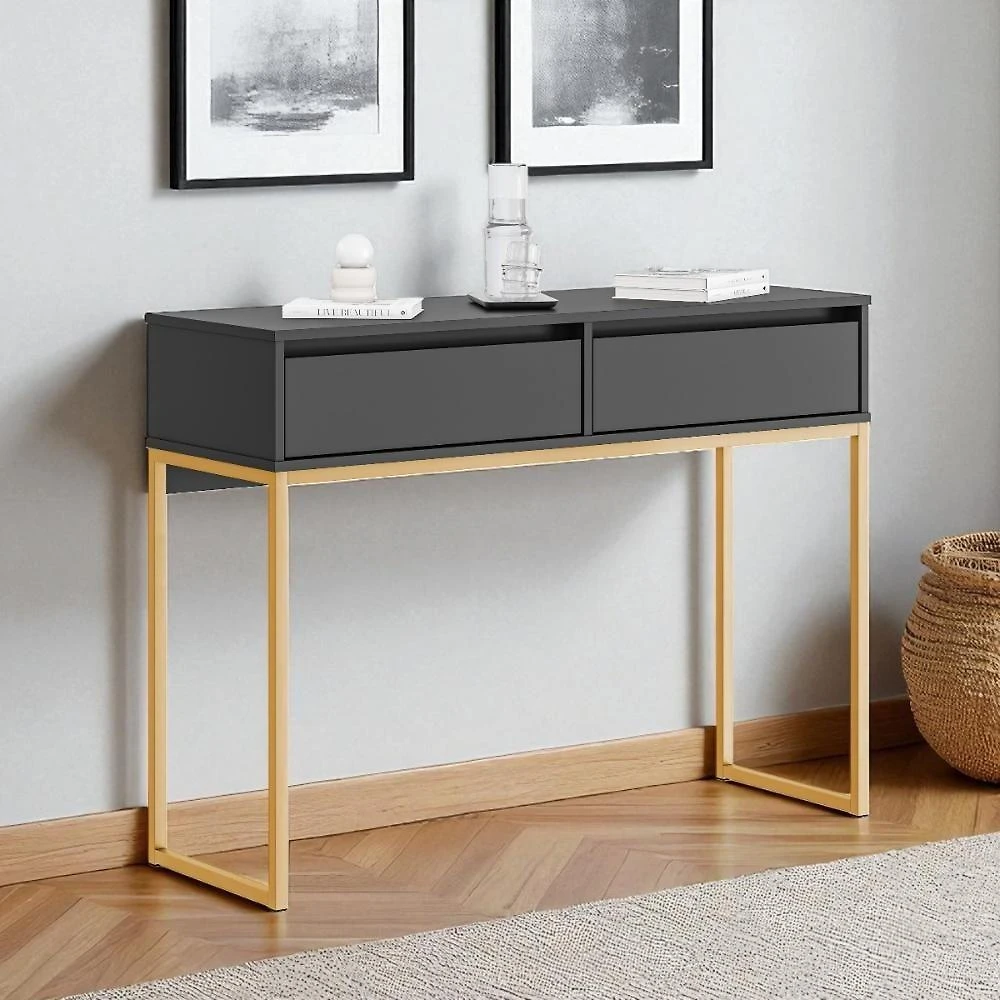 Aparador Buffet Rio Industrial 2 Gavetas MDF MDP 90CM Preto Dourado