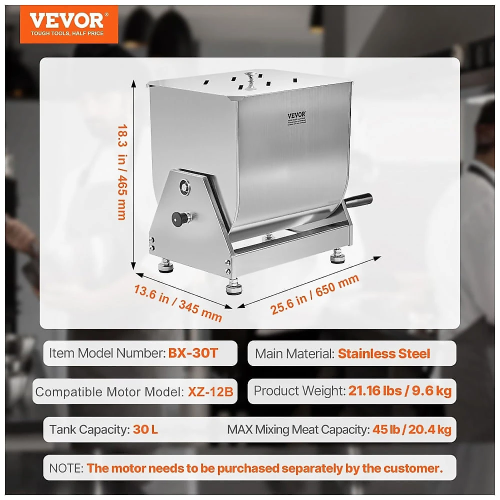 Misturador Manual de Carne VEVOR BX-30T 30L Inox Basculante Palhetas Removíveis