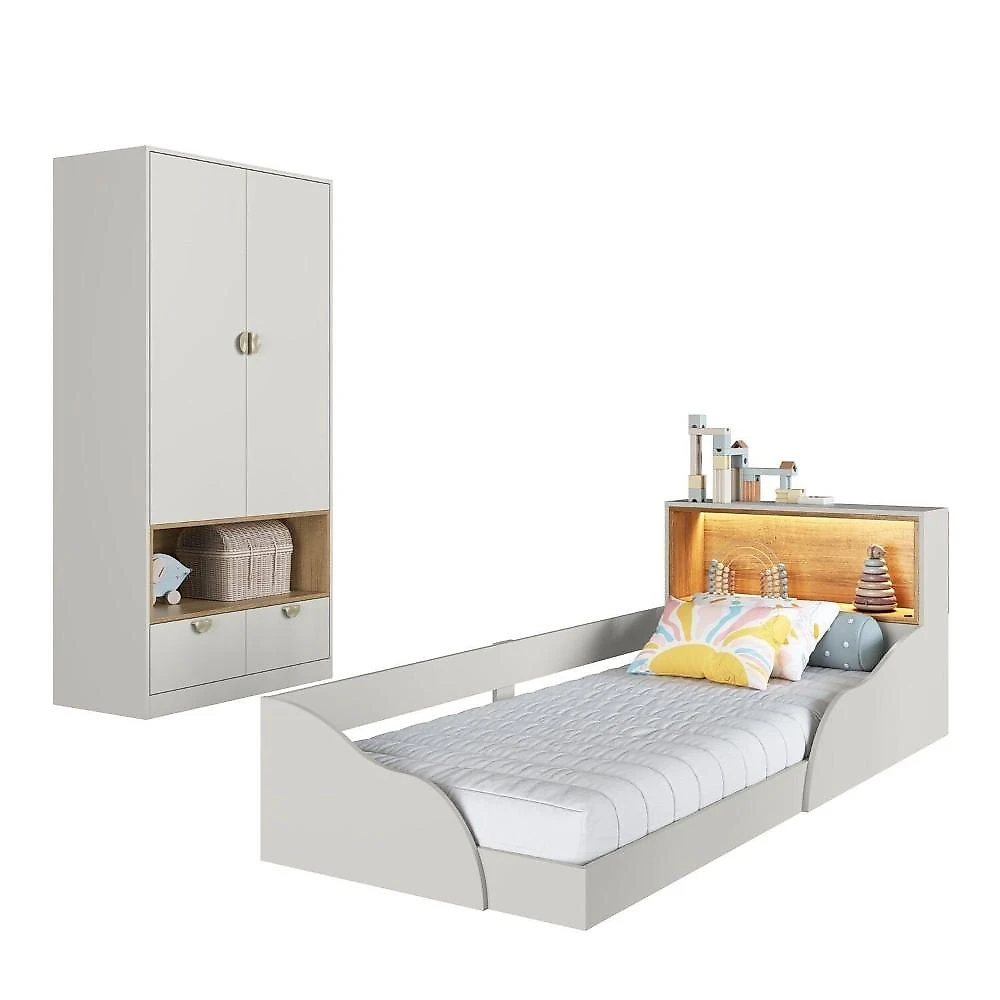Quarto Infantil com Cama Solteiro Montessoriana com Iluminação Led e Guarda-roupas Lille Arenas