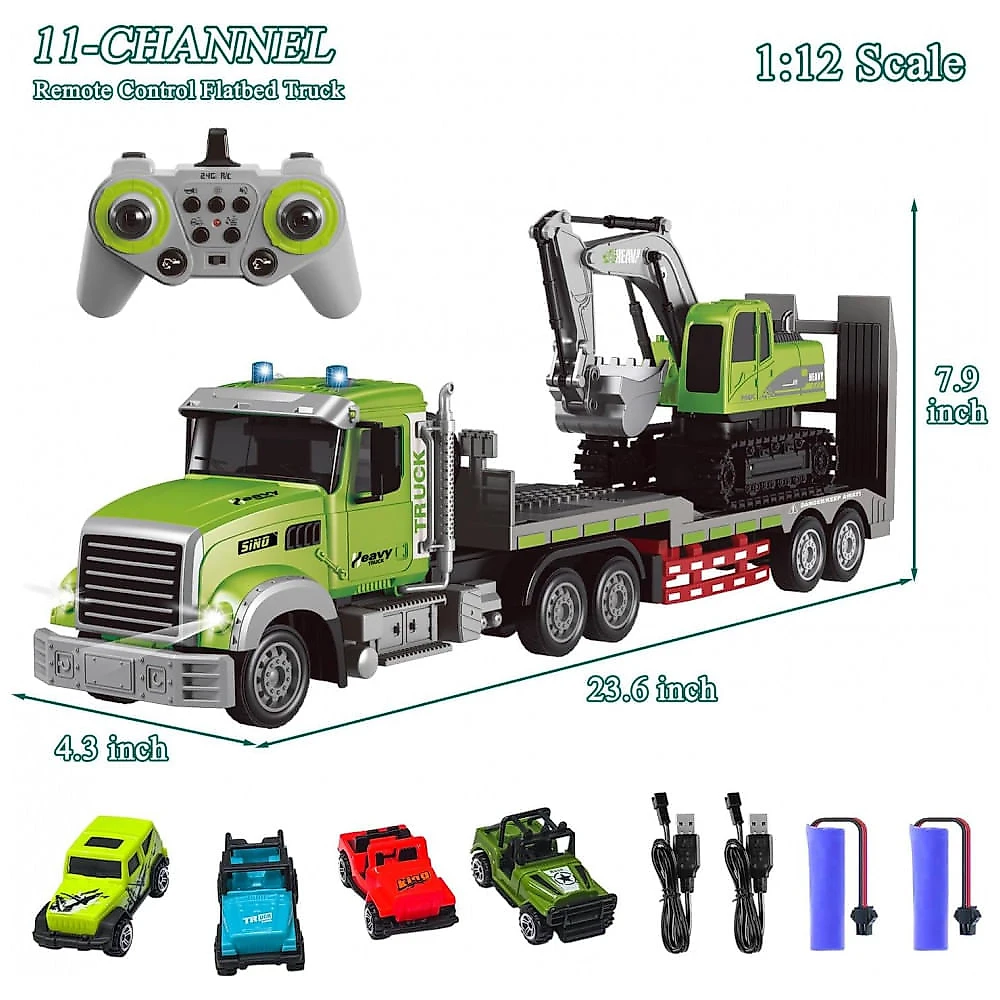 Conjunto de Brinquedos Caminhão Reboque e Escavadeira RC da Fistone, Escala 1:12 com Som e Luzes, Controle Remoto 2.4Ghz,