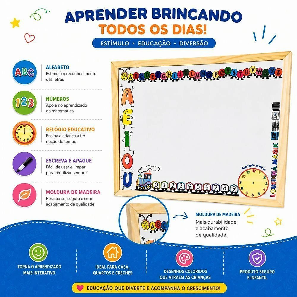Quadro Branco Infantil Lousa Magik Branca Educativa Letras Numeros Relogio Madeira Yeet