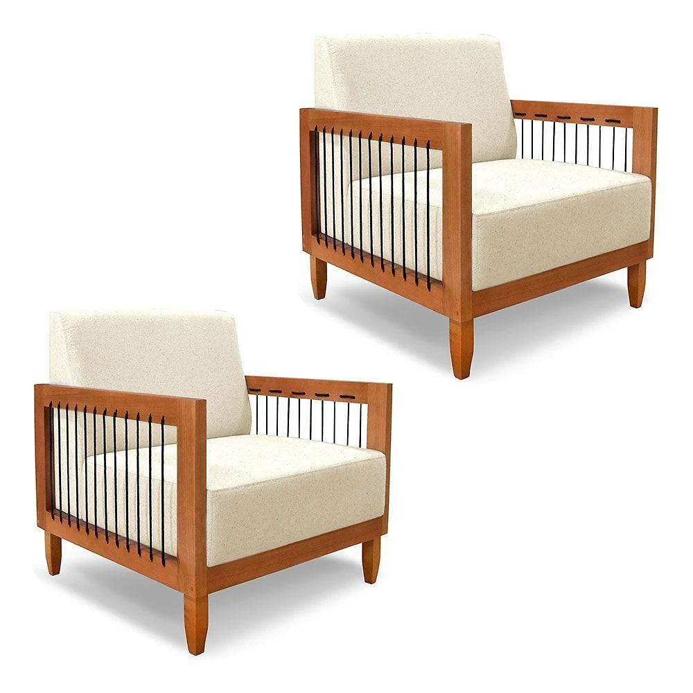 Kit 2 Poltronas Decorativa Marilia Linho Bege Base Em Madeira Castanho - Pallazio