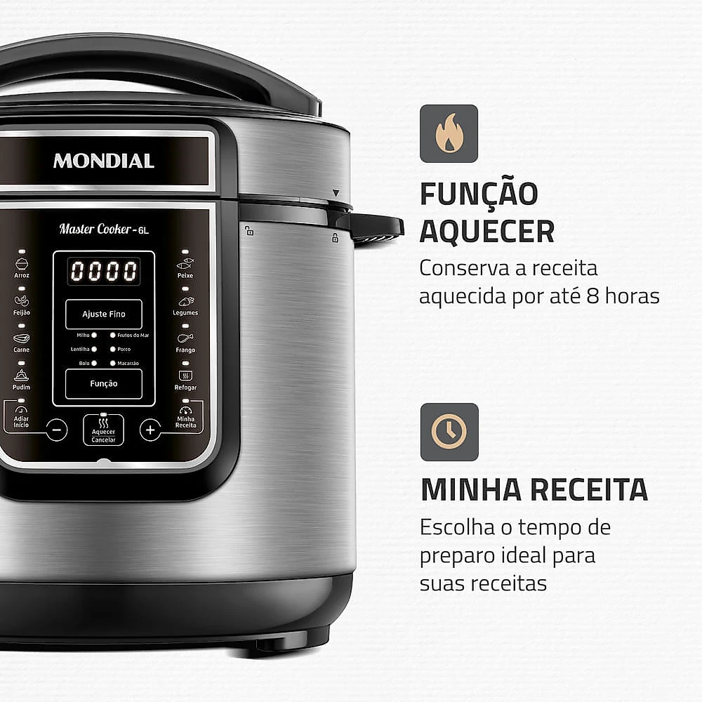 Panela de Pressão Elétrica Digital 6L Mondial Preto/Inox - PE-60-6L-I PAN. ELET. PRESS. PE-60-6L-I 127V/60HZ