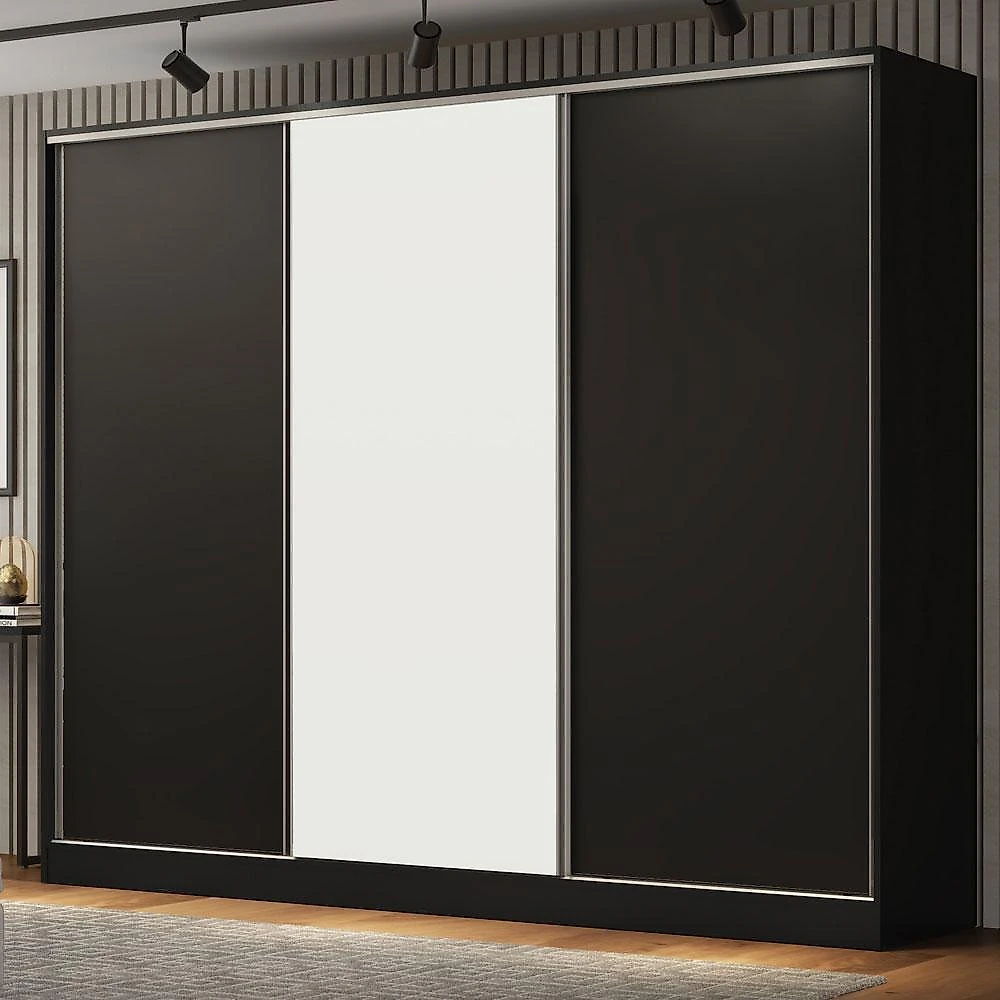 Guarda roupa casal 100% mdf madesa royale 3 portas de correr - preto/preto/branco