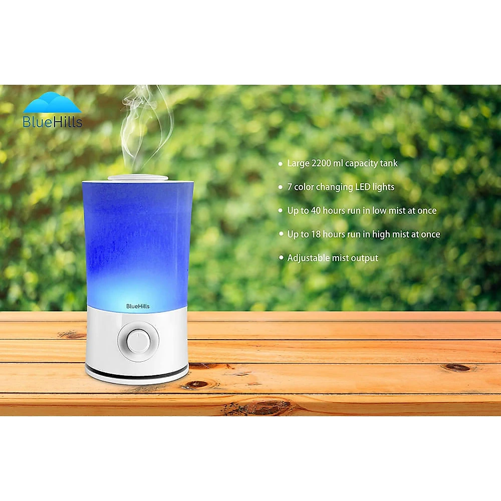 BlueHills Premium Umidificador Ultrassônico Portátil 2L com A romaterapia e 7 Luzes LED até 40H 110V Branco