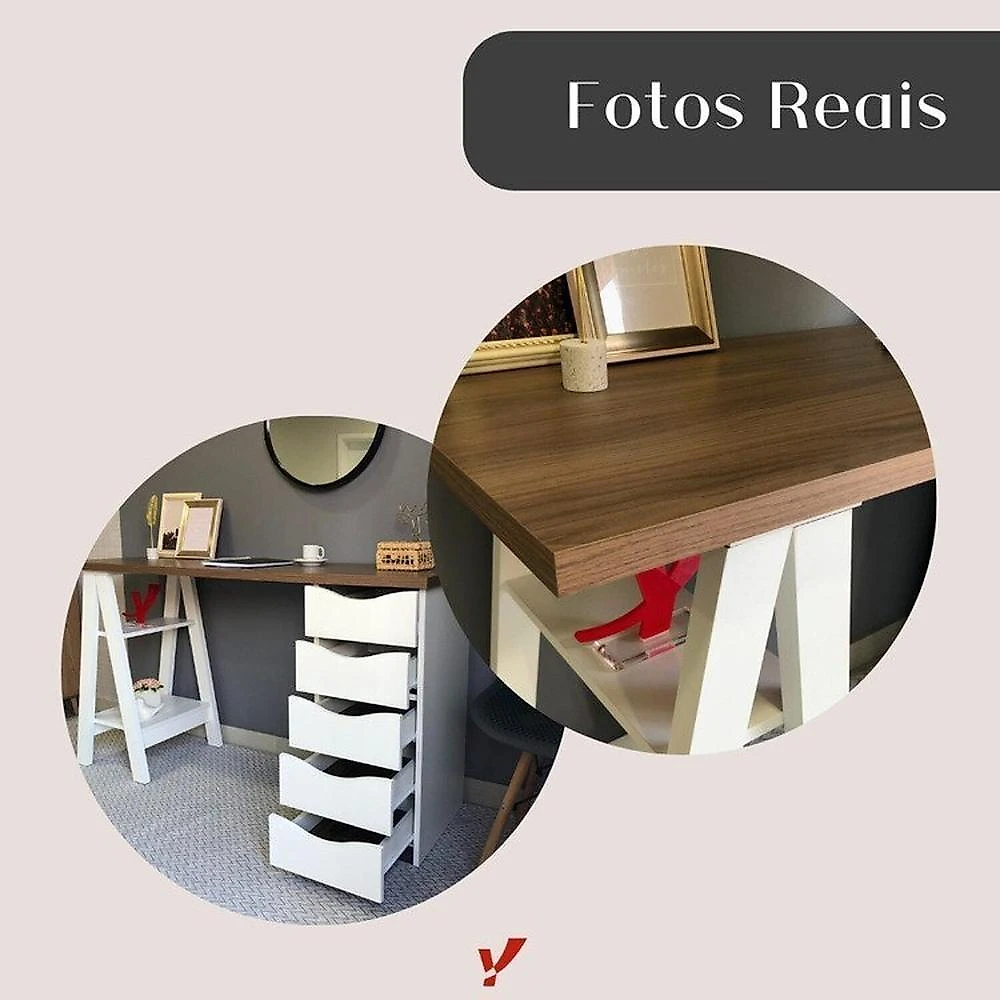 Kit 3 Peças com Escrivaninha Moderna com Pés de Cavalete, Armário com Nichos e Balcão 2 Portas Nogal/Branco