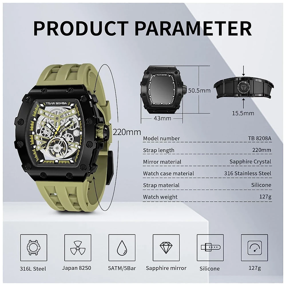 Relógio Masculino Analógico Automático Mecânico a Prova dÁgua 50M com Pulseira de Silicone, TSAR BOMBA TB 8208SGLZ, Pret...