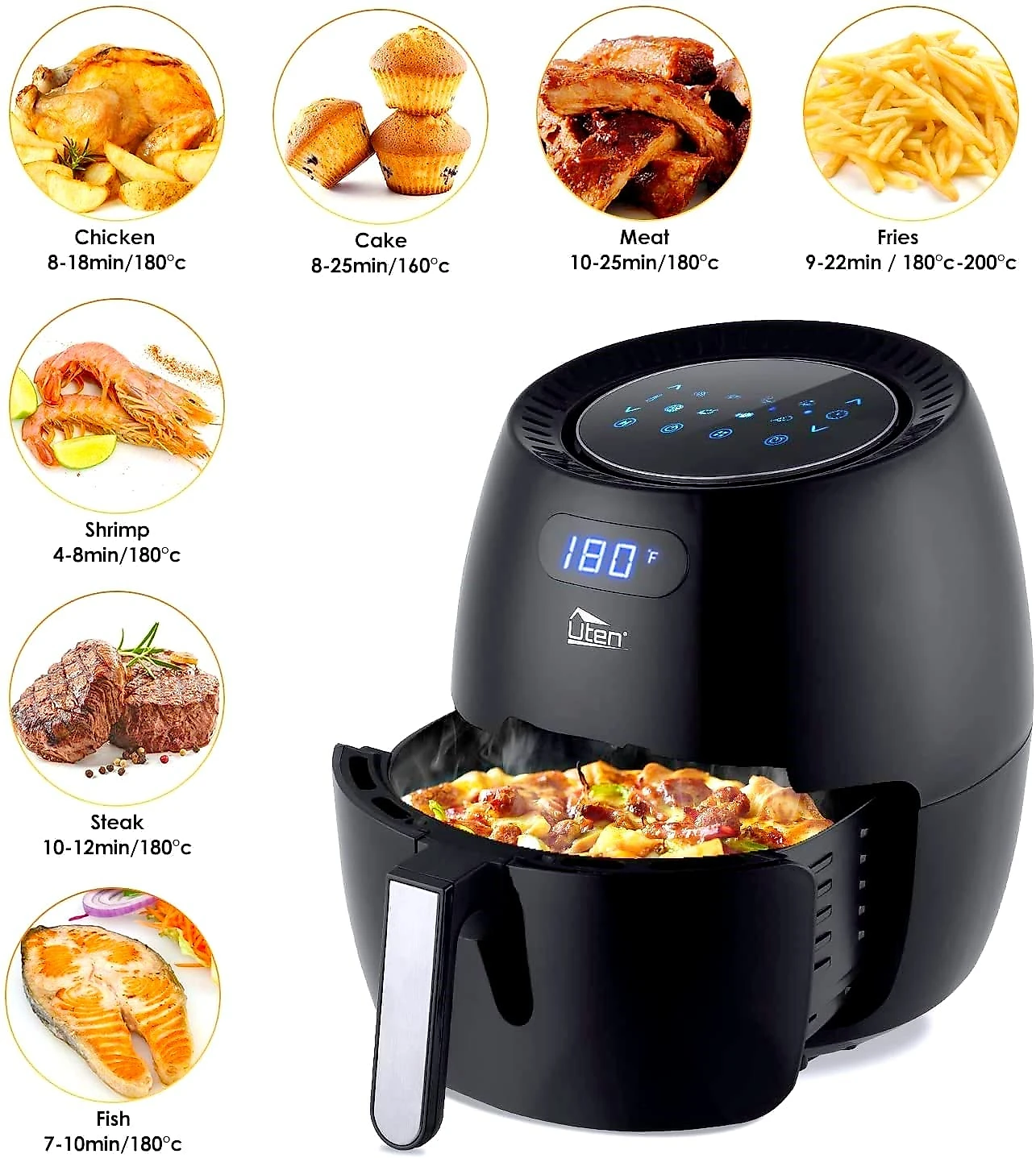Uten Fritadeira Elétrica AirFryer 6L com 8 Funções e Co ntrole Digital 110V1700W Preta