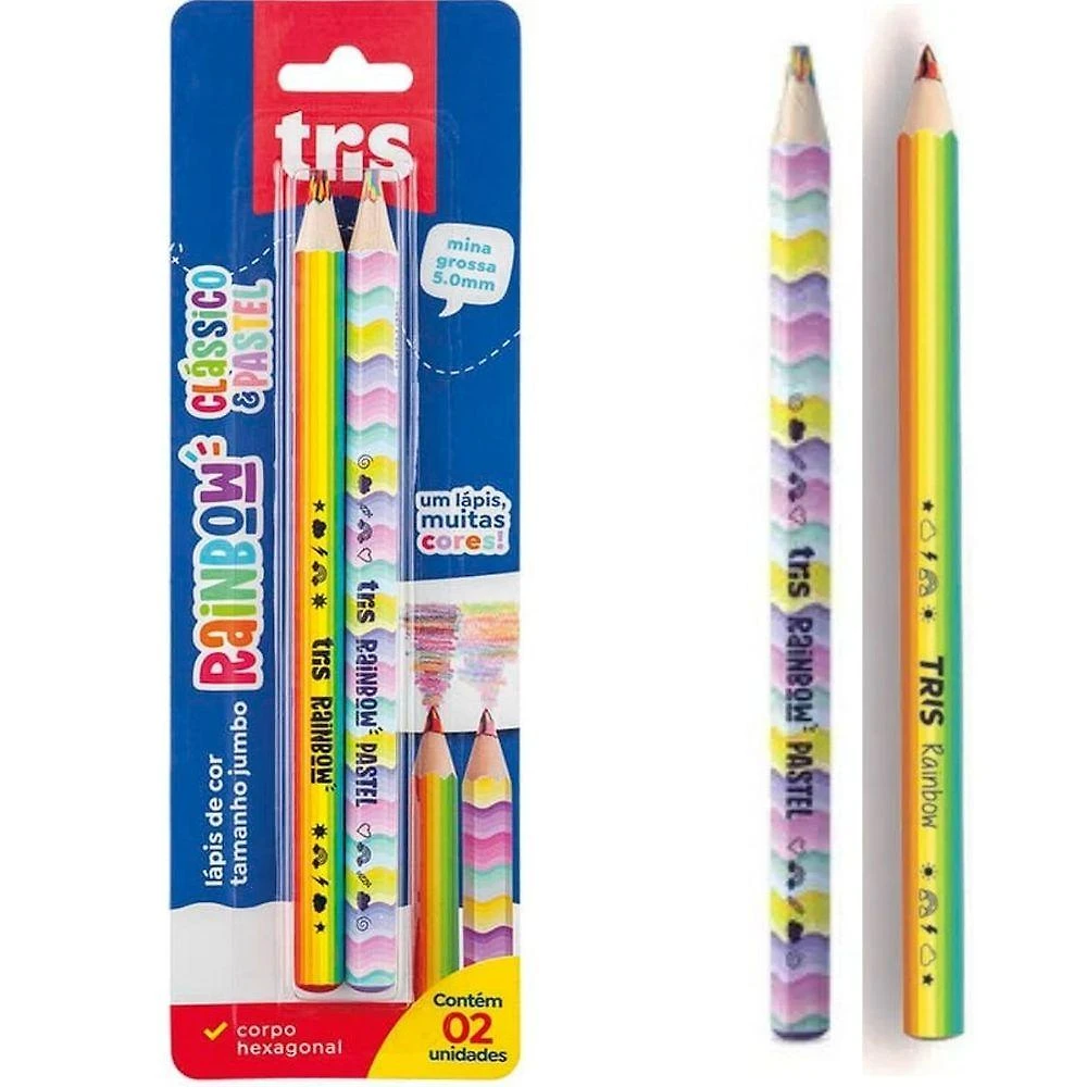 Lápis de Cor Tris Rainbow Clássico e Pastel Cartela 2 Unidades