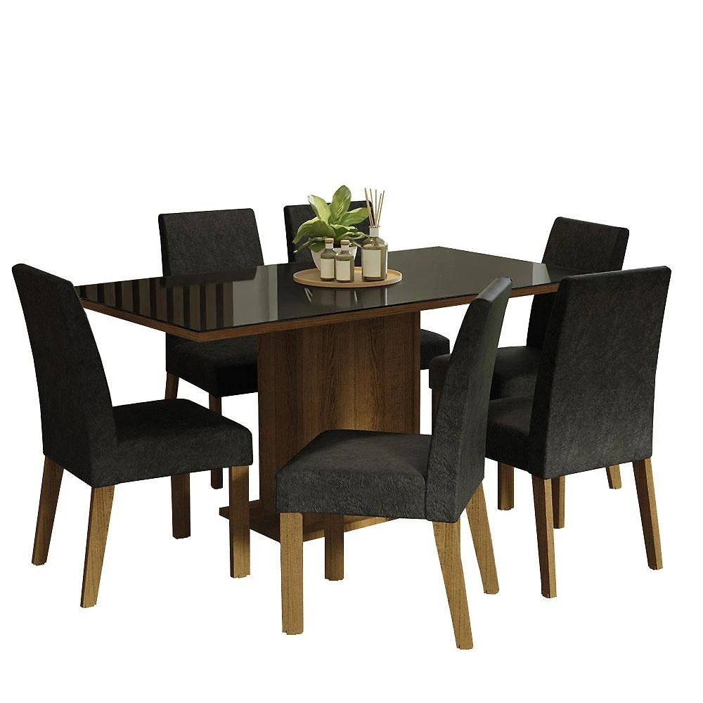 Conjunto sala de jantar mesa tampo de vidro 6 cadeiras rustic/preto/oxford alexis madesa