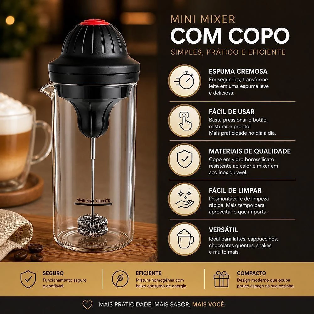 Mini Mixer Elétrico com Copo Mixer Eletrico de Mao Espumador Vidro Borossilicato Portátil Inox Yeet