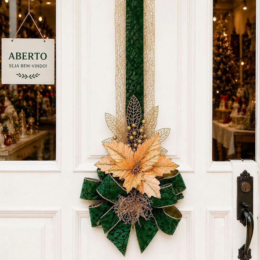 Escapulário Natalino Decorativo Verde e Dourado Fita Aramada 2,5M