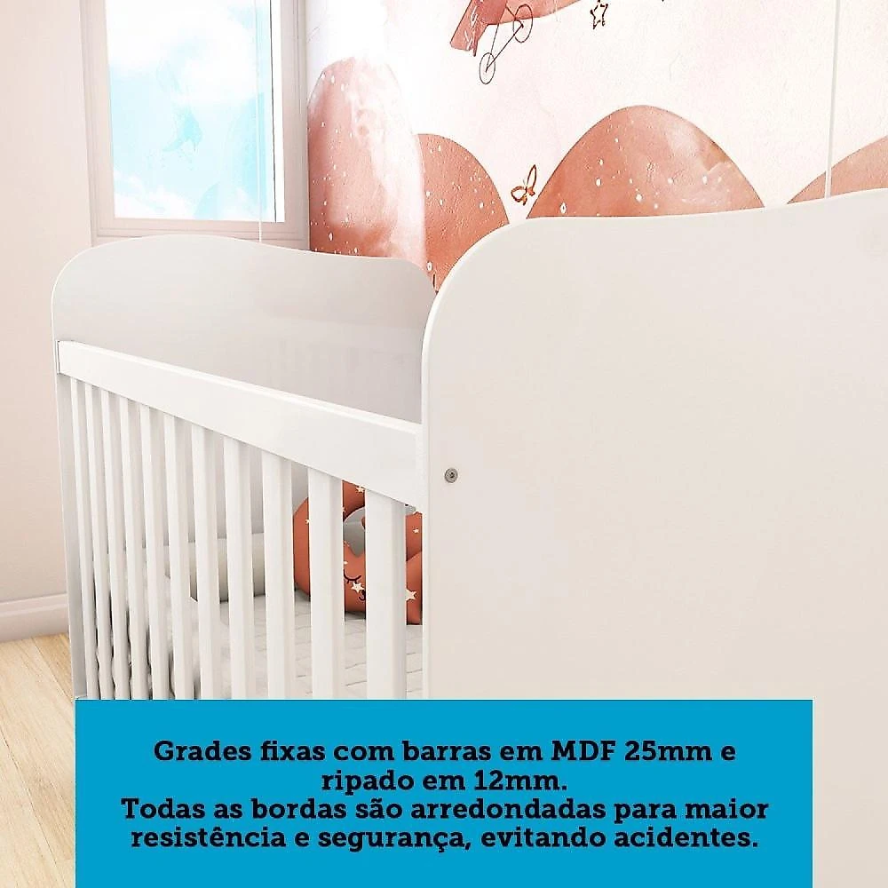 Quarto de Bebê Completo com Guarda Roupas 3 Portas Cômoda e Berço com Rodizio 100% Mdf Lana Espresso Branco Brilho