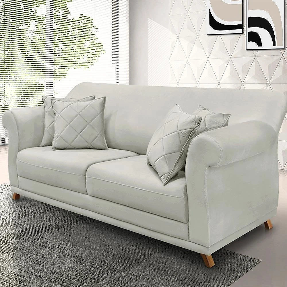 Sofá Armstrong Veludo Prata G63 3 Lugares 200cm Decorativo com Almofadas Gran Belo
