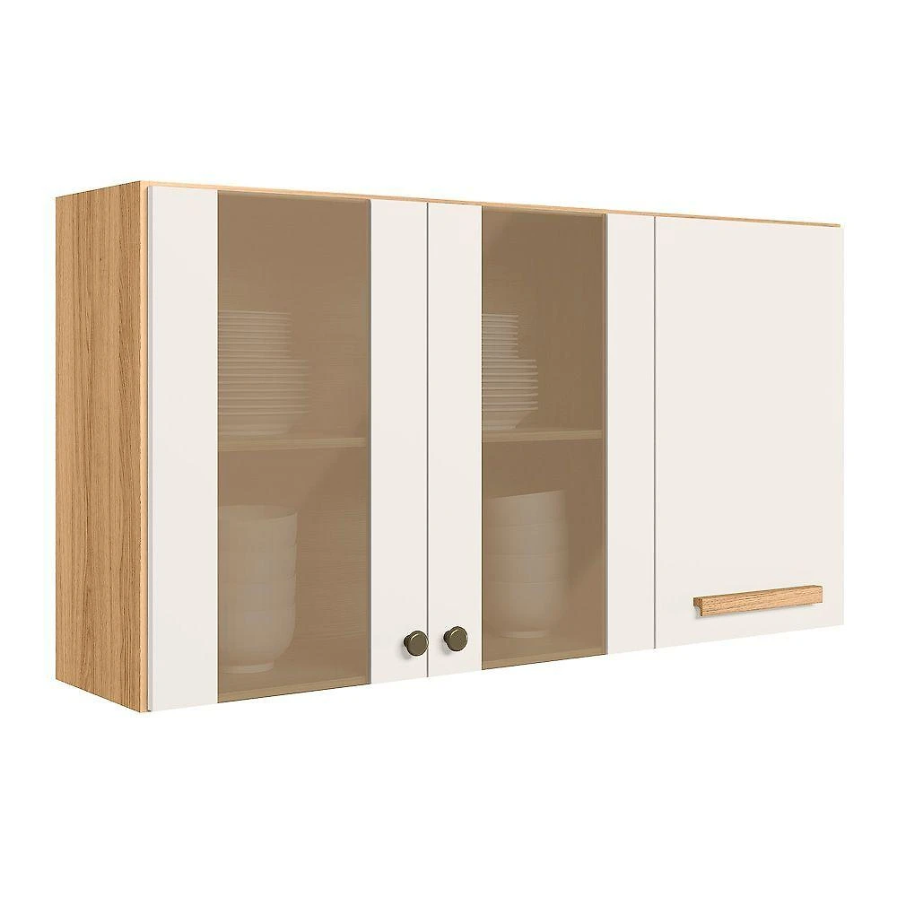 Armário Aereo 2 Portas De Vidro + 1 Porta 120cm Intenza Freijo-off White - Ssx Multicoisas