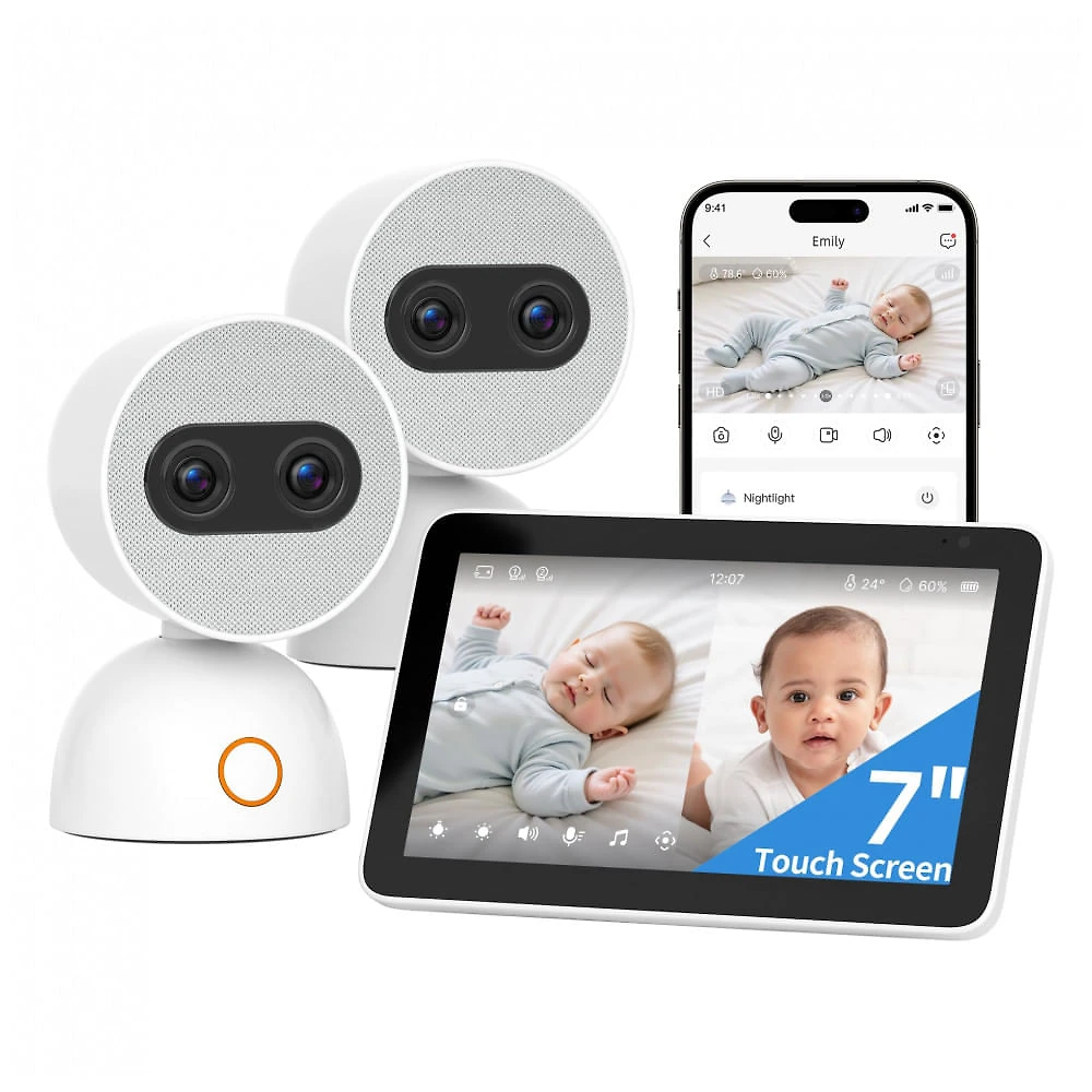 Babá Eletrônica Tela Dividida Simsky 2 Câmeras 4MP Zoom 6x Tela UHD 7" YM300-2 Branco