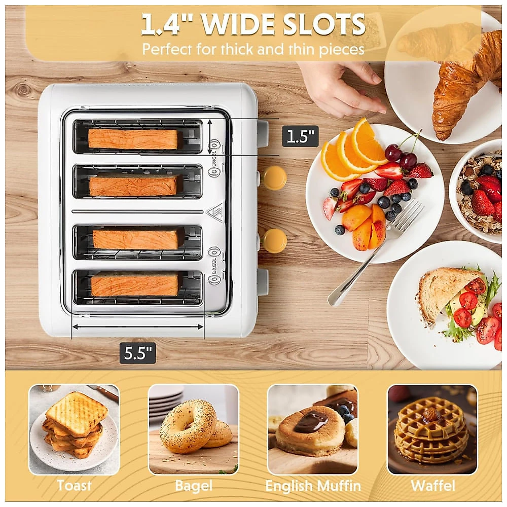 Torradeira BUYDEEM DT640 4 Pães, Aberturas Largas, Inox, Alavanca Alta, Função Bagel e Muffin, Bandeja Removível, 7 Níveis de Tostagem