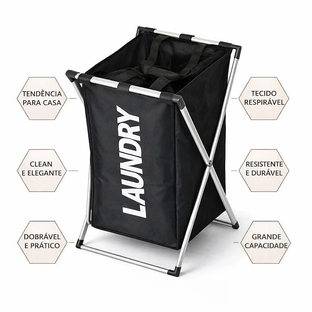Cesto Organizador de Roupas Dobrável 75L Estrutura Cromada para Lavanderia Preto webcontinental-7795405726053