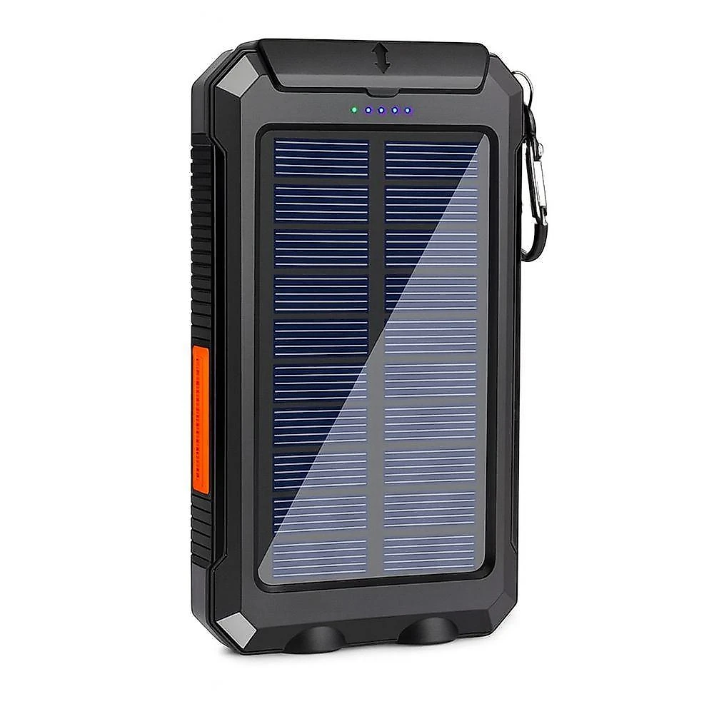 Power Bank Solar USB 10000MAH com Lanterna LED e Mosquetão Preto