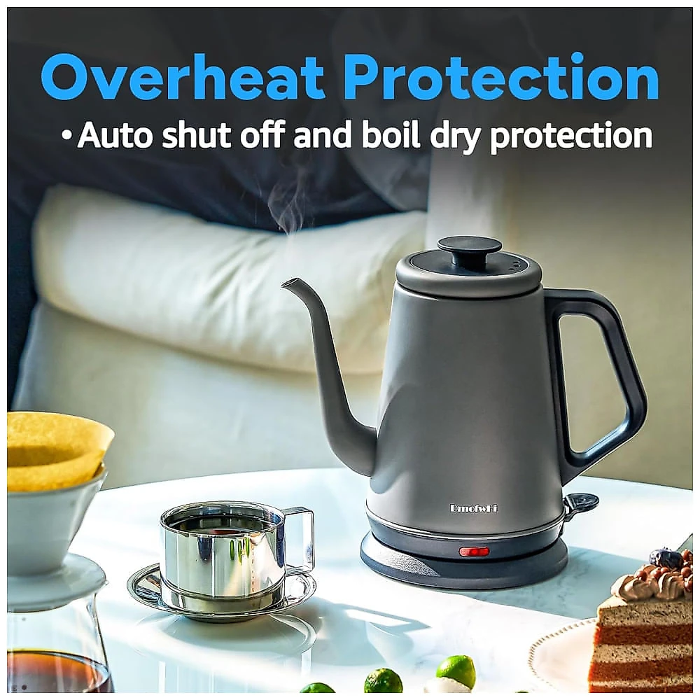 Chaleira Elétrica DmofwHi Gooseneck 1,0L, 1000W em Aço Inoxidável 304, Desligamento Automático, Cinza