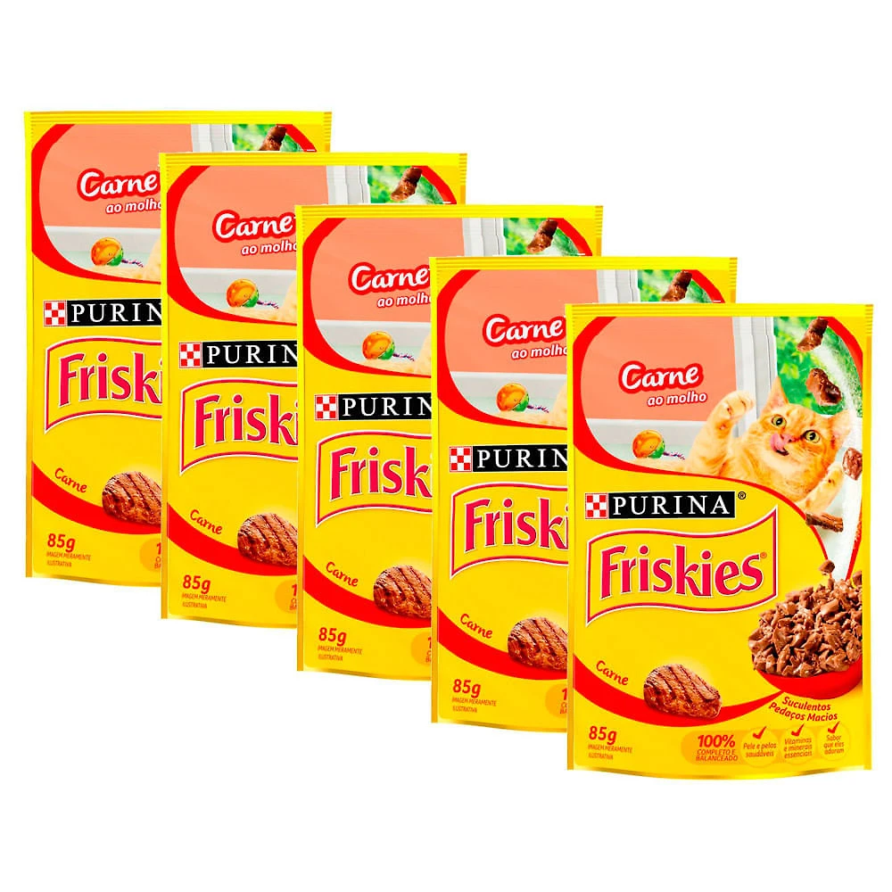 Ração Úmida para Gatos Friskies Adultos Sabor Carne ao Molho em Sachê 85g | Kit com cinco unidades