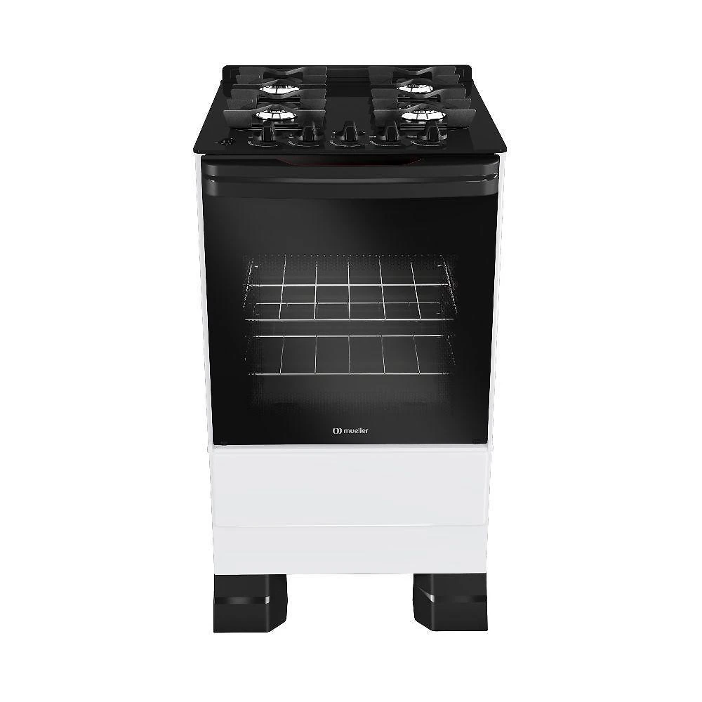 Fogão mueller 4 bocas branco bivolt mesa de vidro grades ferro fundido mfv4bf