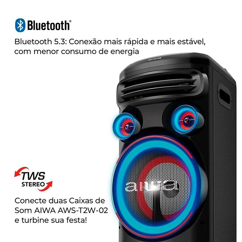 Torre De Som AIWA, RGB, Bivolt, Bluetooth 5.3, TWS, 2 Woofers 10, Preto - AWS-T2W-02