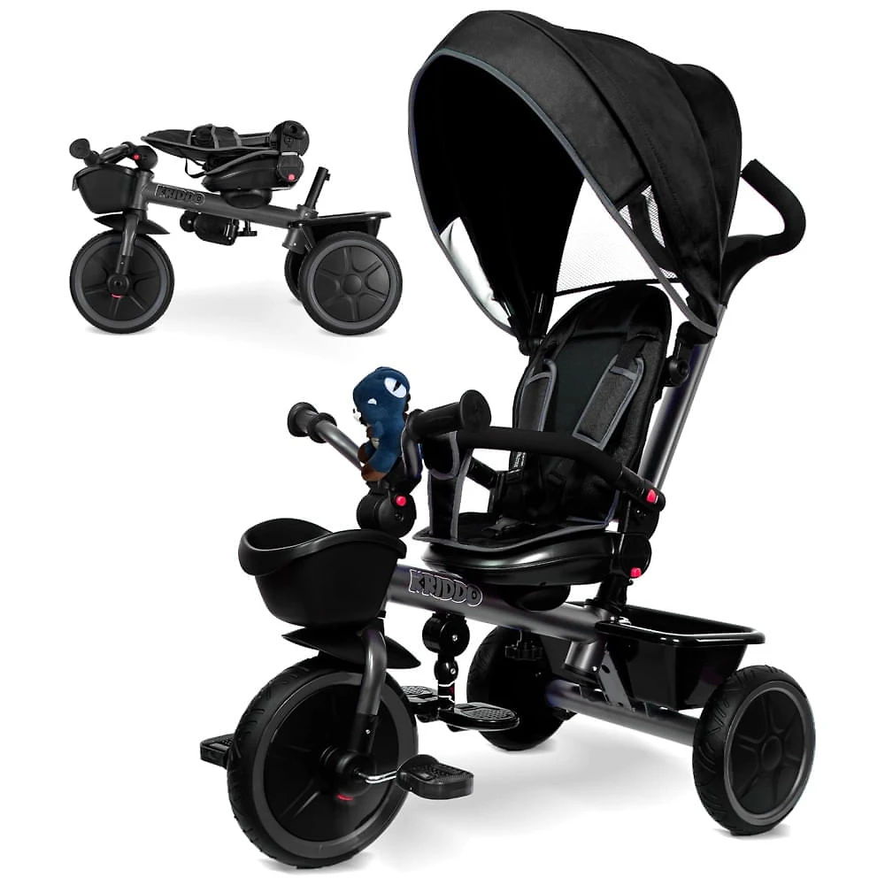 Triciclo 7 em 1 com Alça Ajustável, Assento Giratório, Porta-Copos, Capota Retrátil, Guarda-Corpo Removível e Apoio para...