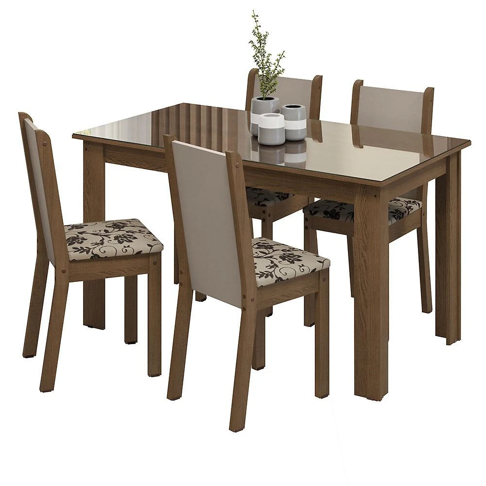 Conjunto sala de jantar mesa tampo de vidro 4 cadeiras rustic/crema/bege marrom suzy madesa