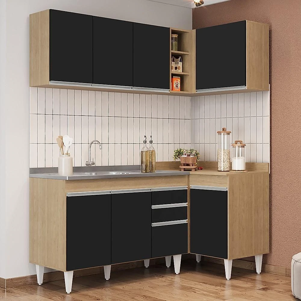 Armário De Cozinha Modulado De Canto Esquerdo 4 Peças Cp48 Com Pia Inox Castanho/preto - Lumil