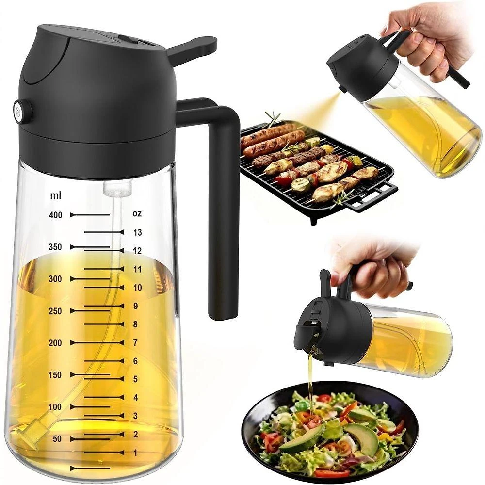 Pulverizador de Azeite de Oliva de Vidro 470ml 2 em 1 para Cozinhar com Dispensação Dupla Preto