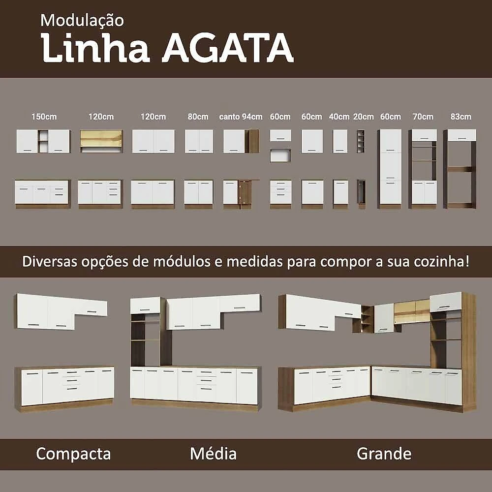 Cozinha completa de canto madesa agata 459001 com armário e balcão (sem tampo e pia) - rustic/branco