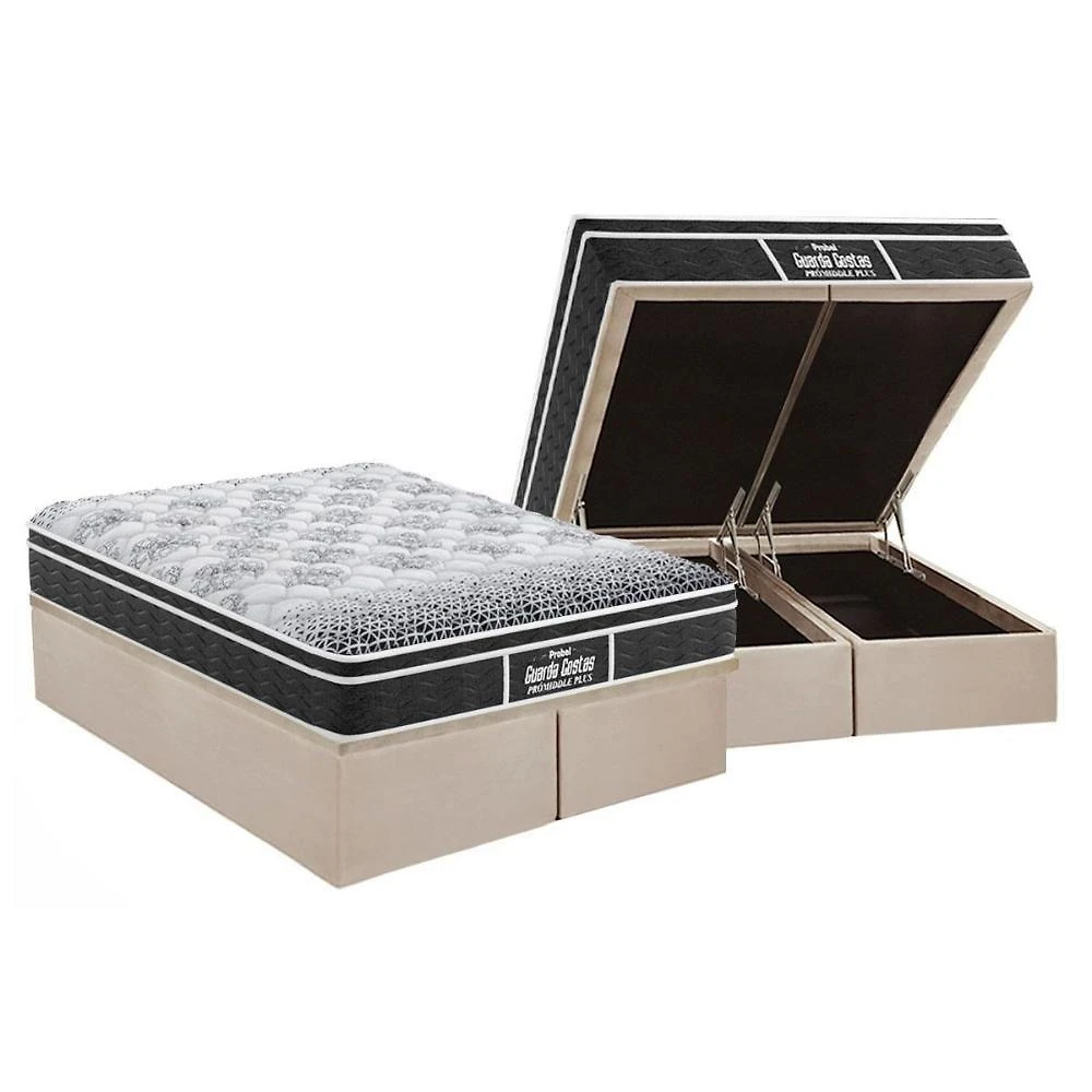 Cama Box Baú King: Colchão Ortopédico Probel D28 Guarda Costas Prómiddle Plus + Base Crc Suede Clean (193x203)