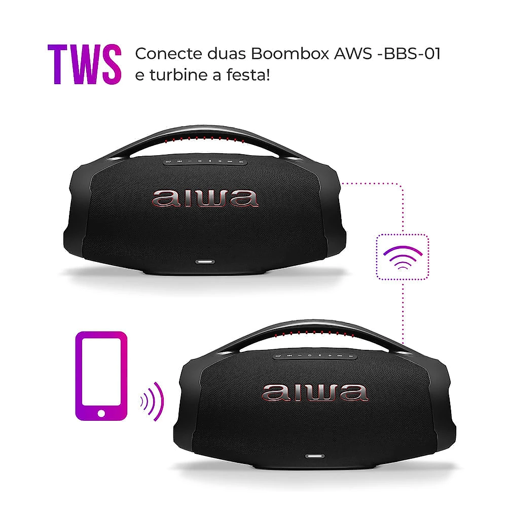 Miniatura Caixa de Som Boombox Plus AIWA BBS-01-B 200W Bluetooth 30H IP66 USB Preto BOOMBOX AWS-BBS-01-B BIVOLT