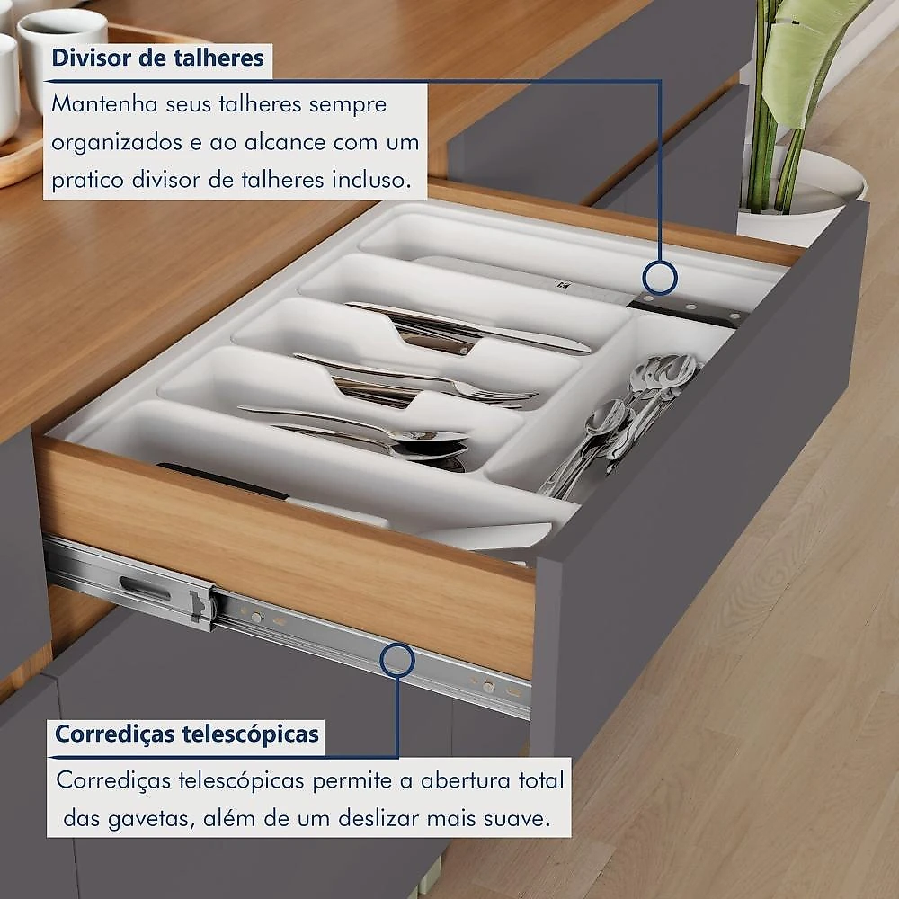 Cozinha Completa Modulada 3 Peças 5 Portas 2 Gavetas 100% MDF Realeza Premium Carvalho/Titânio