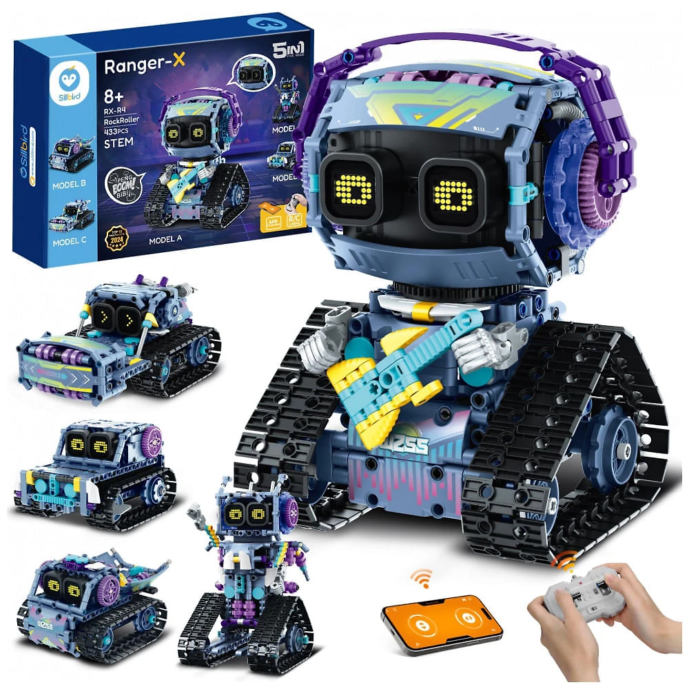 Kit robô STEM 5 em 1 Sillbird RockRoller com 433 peças, controle remoto, app Bluetooth e codificação para crianças 8 a 12 anos ​