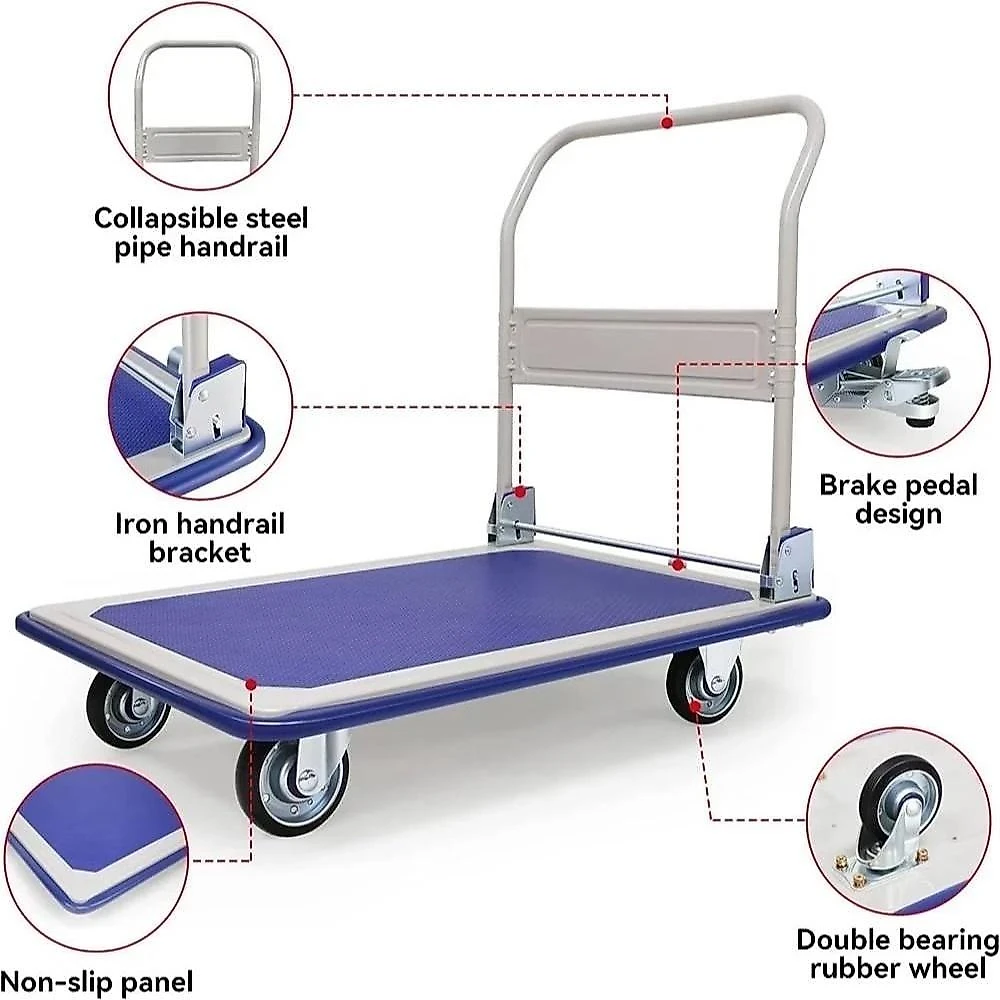 Carrinho de Carga Plataforma Dobrável 150kg Base de Aço Azul para Transporte de Caixas Yeet