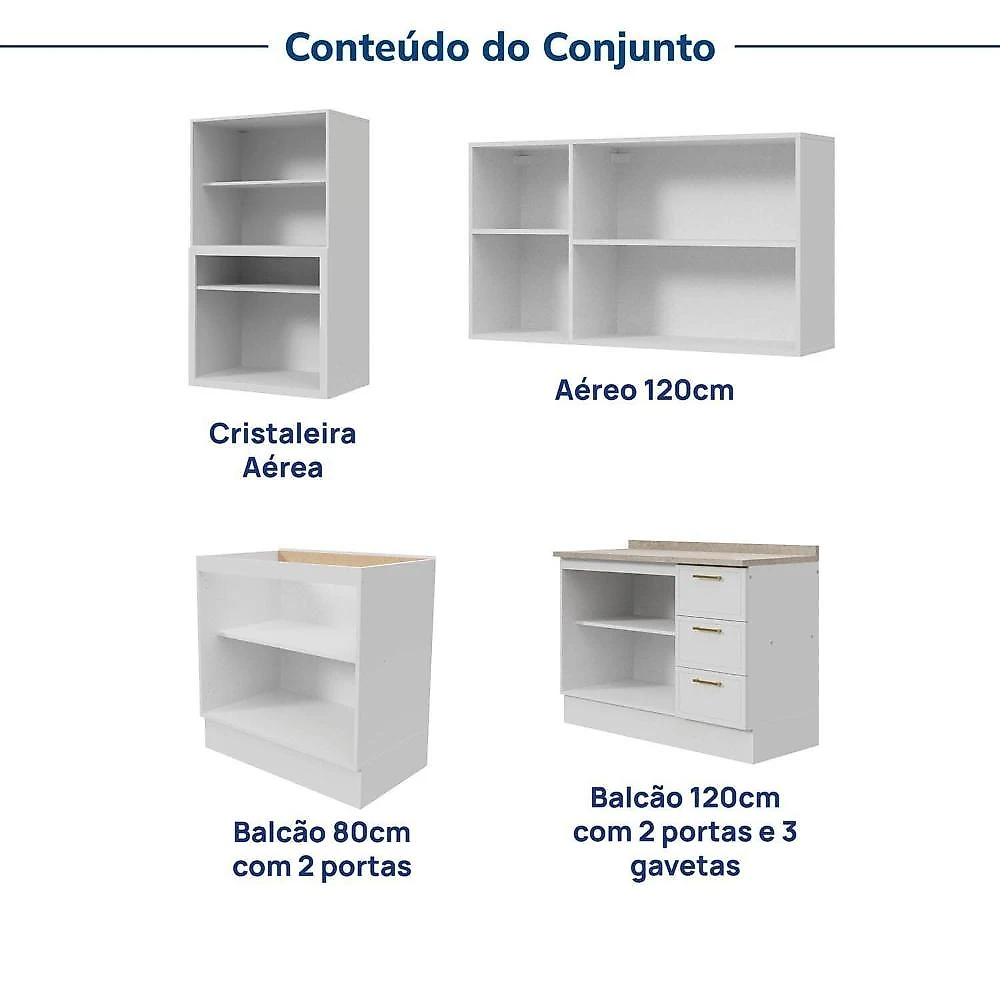 Cozinha Modulada 4 Pçs com Tampo com Cristaleira Marselha Cabecasa Madeiraoriginals Branco/Calcare
