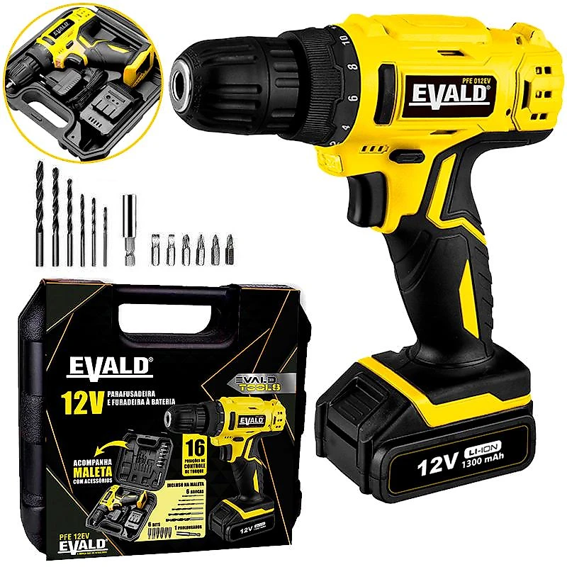Parafusadeira e Furadeira à Bateria 12V Bivolt PFE-12EV com Maleta e Kit EVALD Bivolt