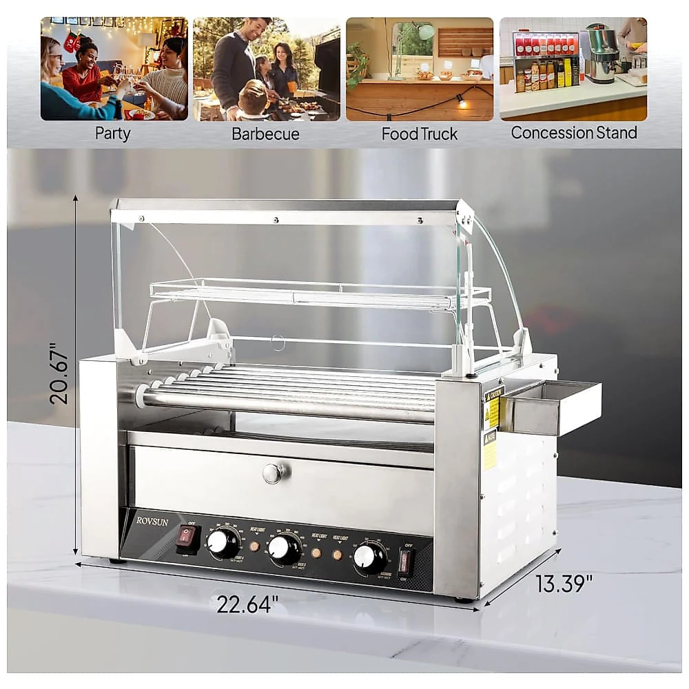 Máquina de Cachorro Quente até 18 Salsichas com Aquecedor de Pão, Tampa, Controle de Temperatura Dupla, Luz LED, Prateleira Removível e Bandeja de 110v