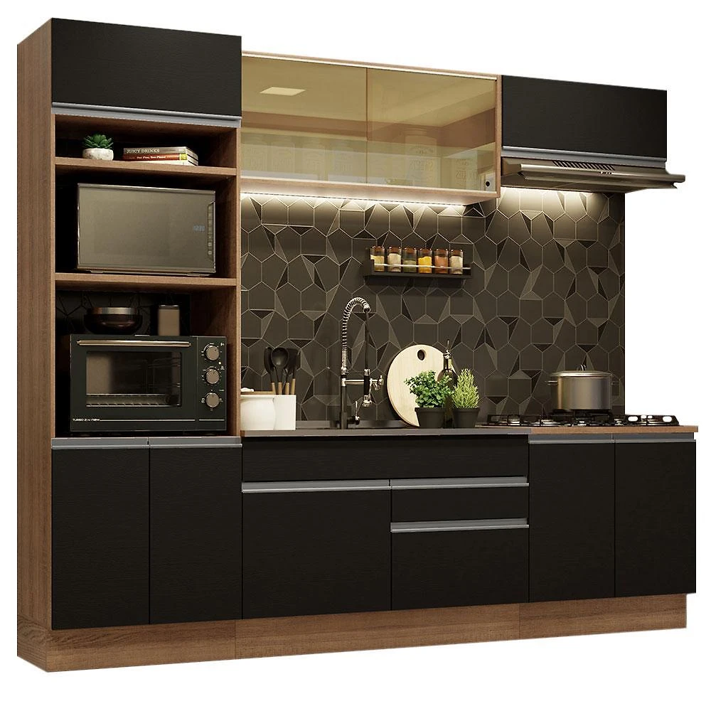 Cozinha completa madesa glamy 270010 com armário e balcão (sem tampo e pia) - rustic/preto