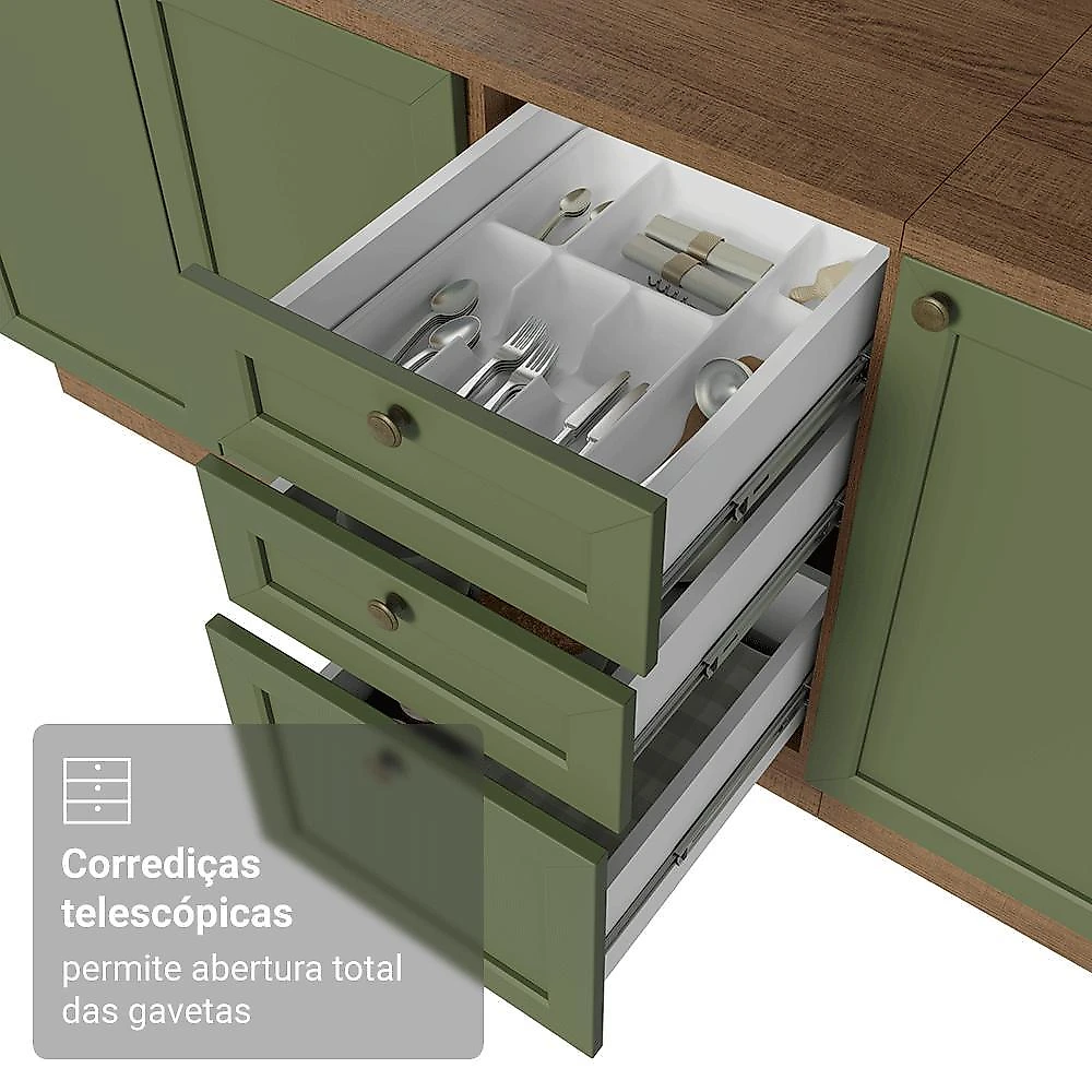 Kit com 2 balcões de cozinha 3 gavetas 4 portas (sem tampo e pia) rustic/verde vik madesa 01