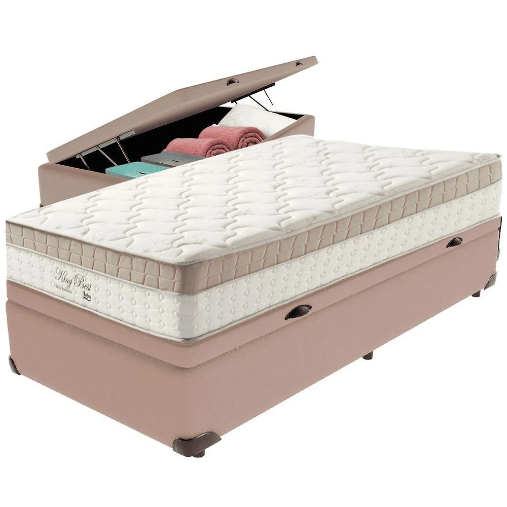 Cama Box Baú Bege E Colchão King Best Molas Ensacadas Solteiro 88x188x33 Anjos