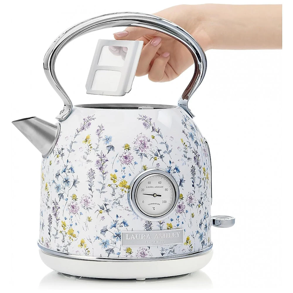 Chaleira elétrica dome inox 1,7L Laura Ashley Wild Meadow, fervura rápida com termômetro externo e indicador de nível de água, 110V
