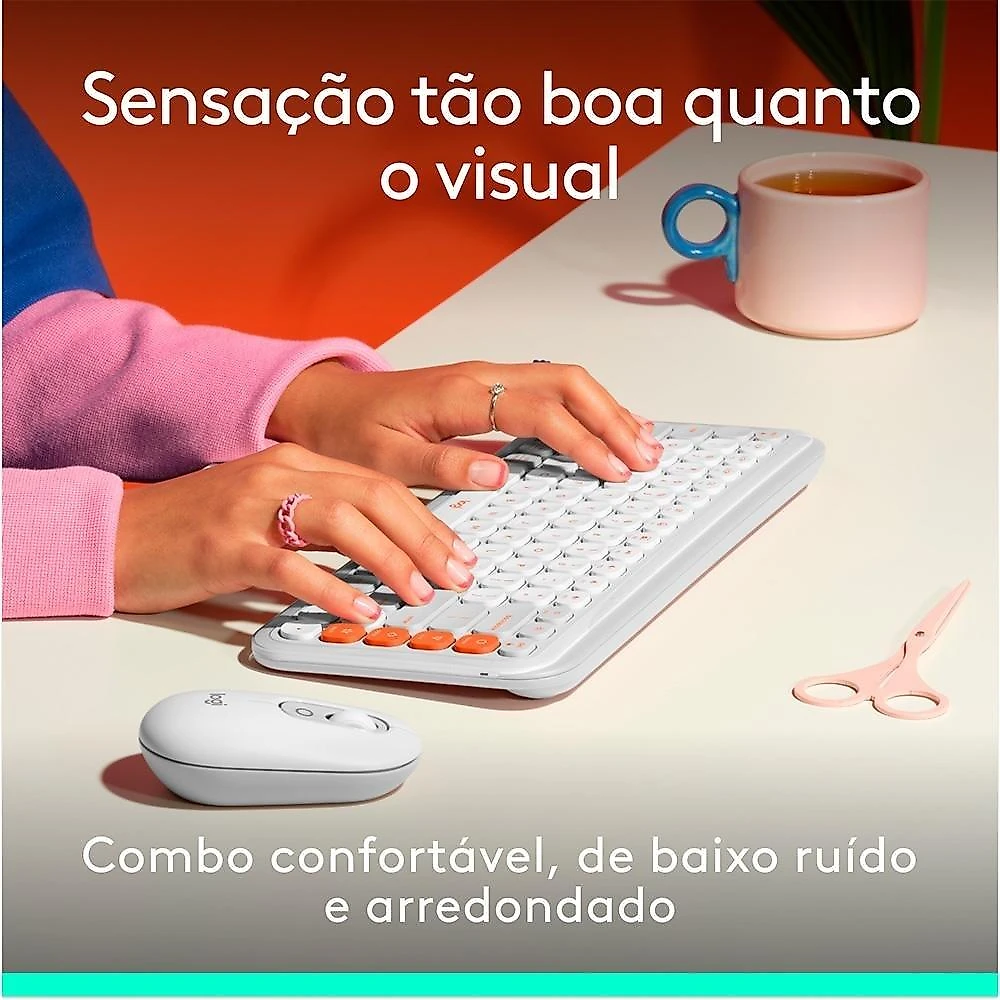 Kit Teclado e Mouse Sem Fio Logitech POP Icon com Teclas e Botões Personalizáveis, Silencioso, Bluetooth, Branco- 920-013057